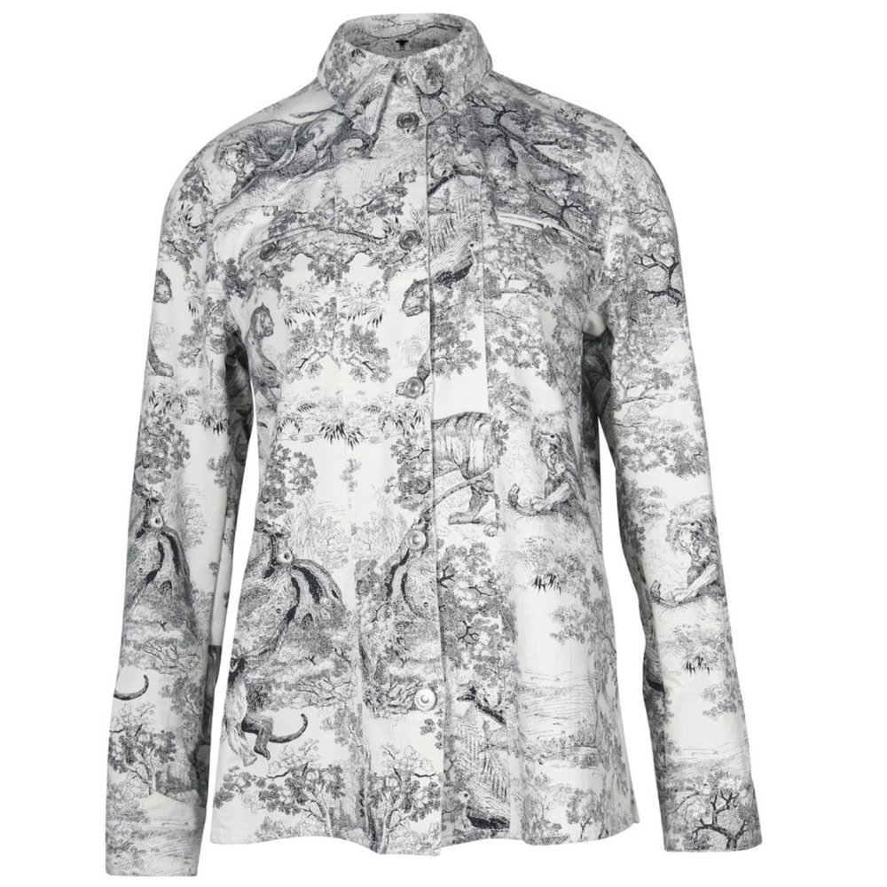 Dior Toile De Jouy Button Front Long Sleeve Shirt In White And Black Cotton